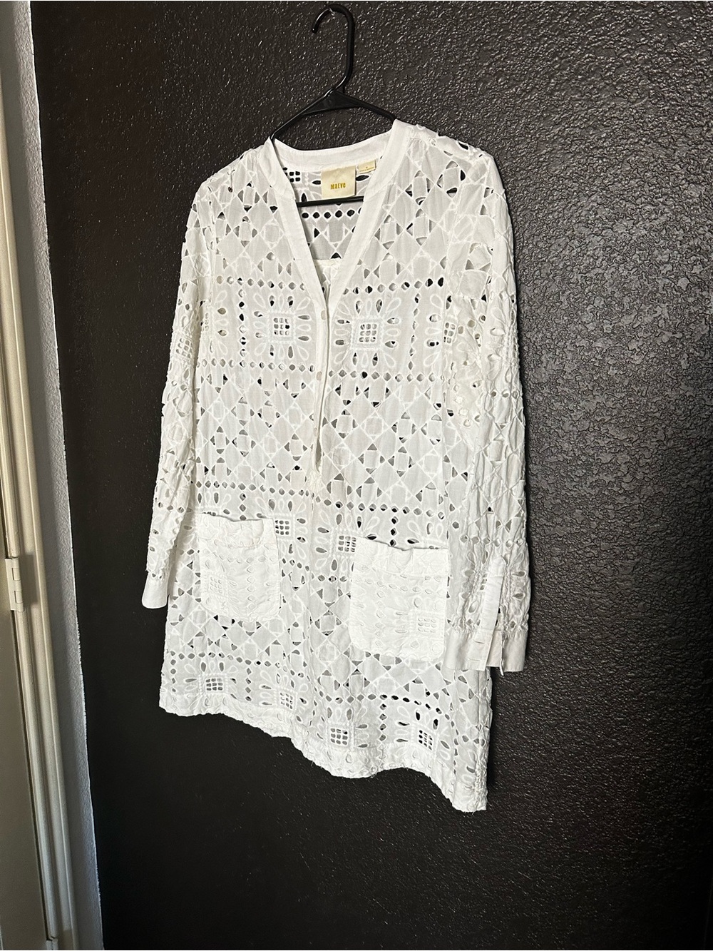 Anthropologie Maeve Geo Eyelet White V-Neck Shirt Dress 100% Cotton size M